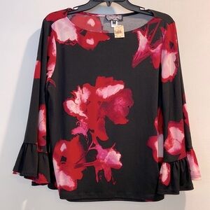 Trisisto Femme Black Floral Work Blouse sz. Medium Petite